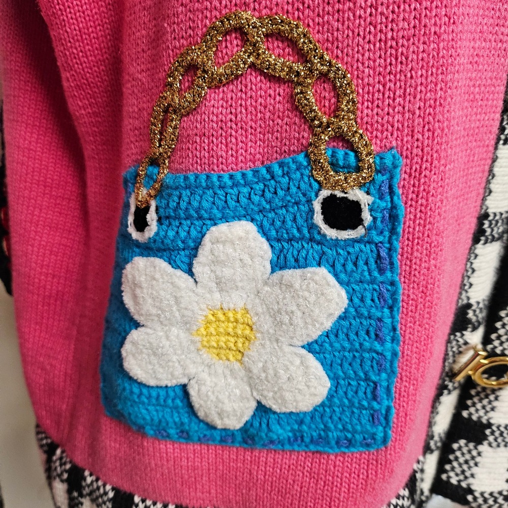 Vintage 80s Retro Berek2 Pink Knit Whimsy Purse Cardigan Size M Artsy Dopamine - Picture 5 of 9